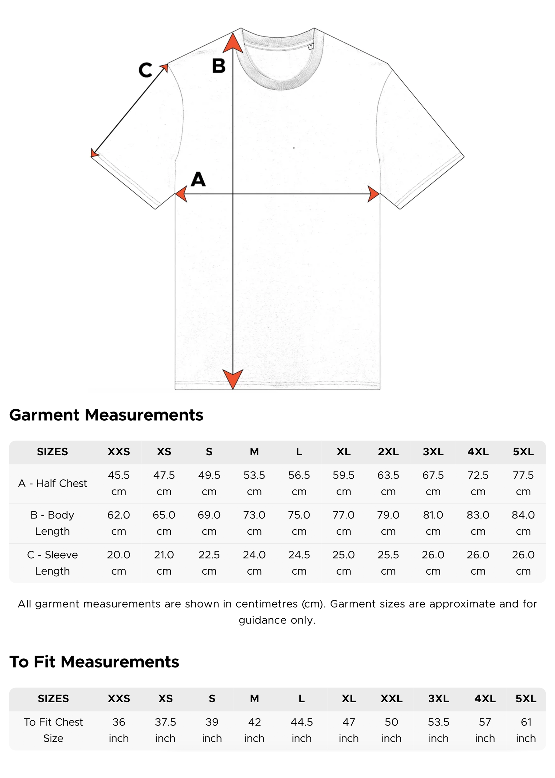 Measurement chart for a t-shirt with size guide and garment dimensions.